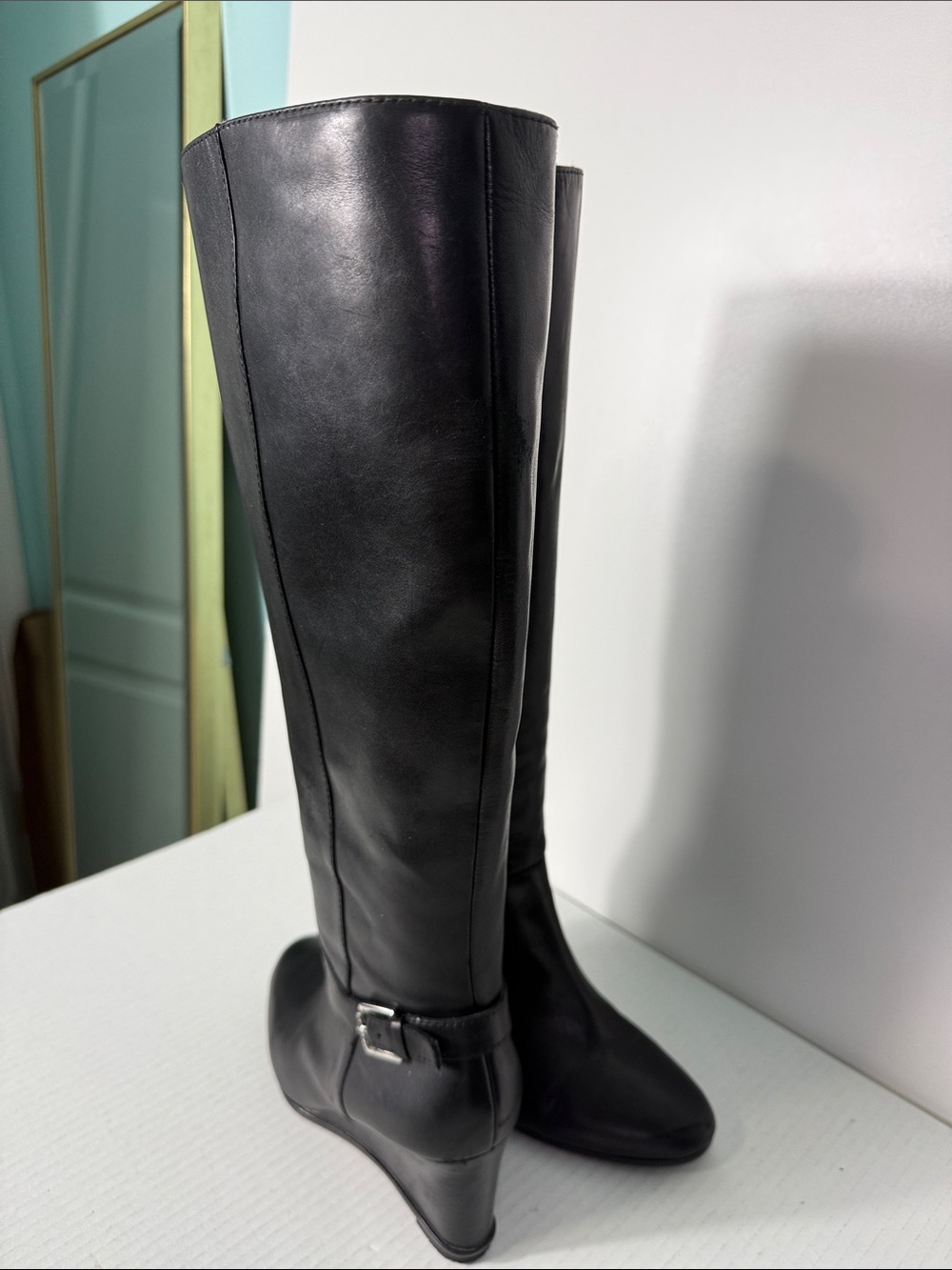 Lauren Ralph Lauren TIA Black Leather Knee-High Wedge Boots Size 7 - Picture 2 of 15